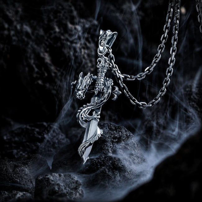 【Zhu Jiuyin]】Panlong Cross Pendant Men's 925 Silver Necklace, Premium Feel, Birthday Gift for Boyfriend Hover Image