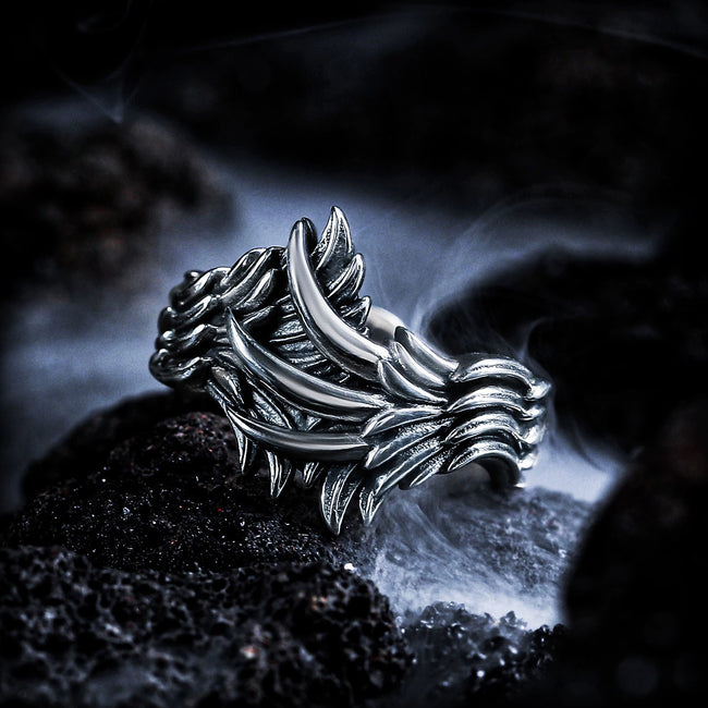 【Wings of the Netherworld】 Niche angel wing 925 silver ring for men, feather design, vintage distressed jewelry Hover Image