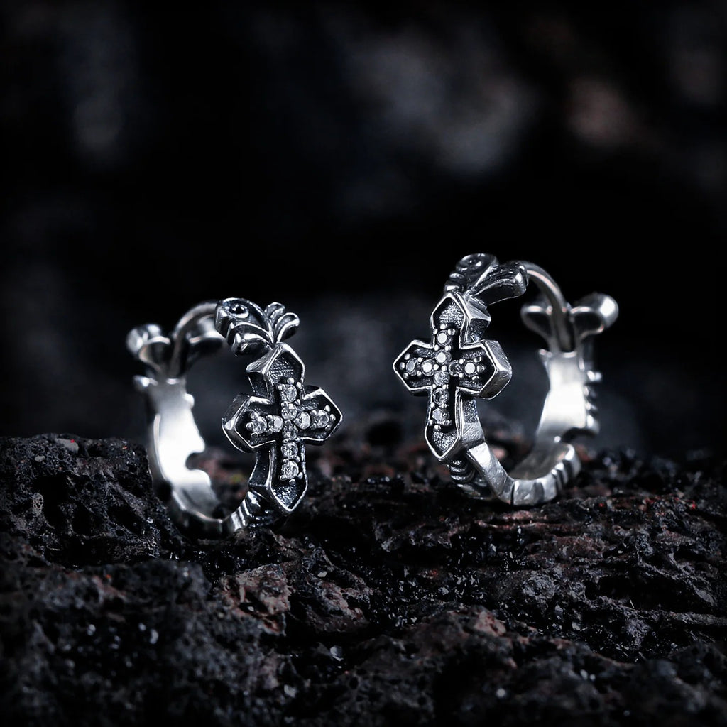 【Returning Heart]】Gothic Style Cross S925 Silver Earrings Men's Studs Niche Ear Clips Jewelry Birthday Gift