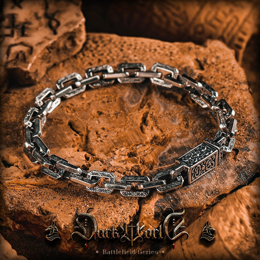 【Dark Pattern】Retro European & American Vine Military Design S925 Silver Men's Bracelet, Cuban Chain, Birthday Gift
