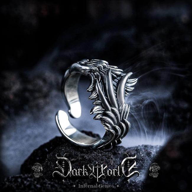 【Wings of the Netherworld】 Niche angel wing 925 silver ring for men, feather design, vintage distressed jewelry Main Image