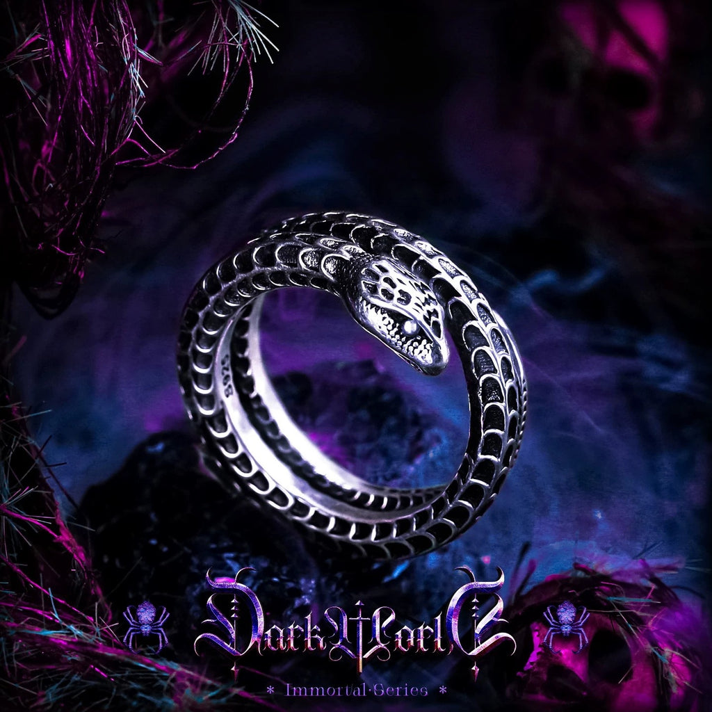 【Lost]】Dark-style 925 Silver Snake Ring for Men, Unique Design, Finger Ring, Open Band