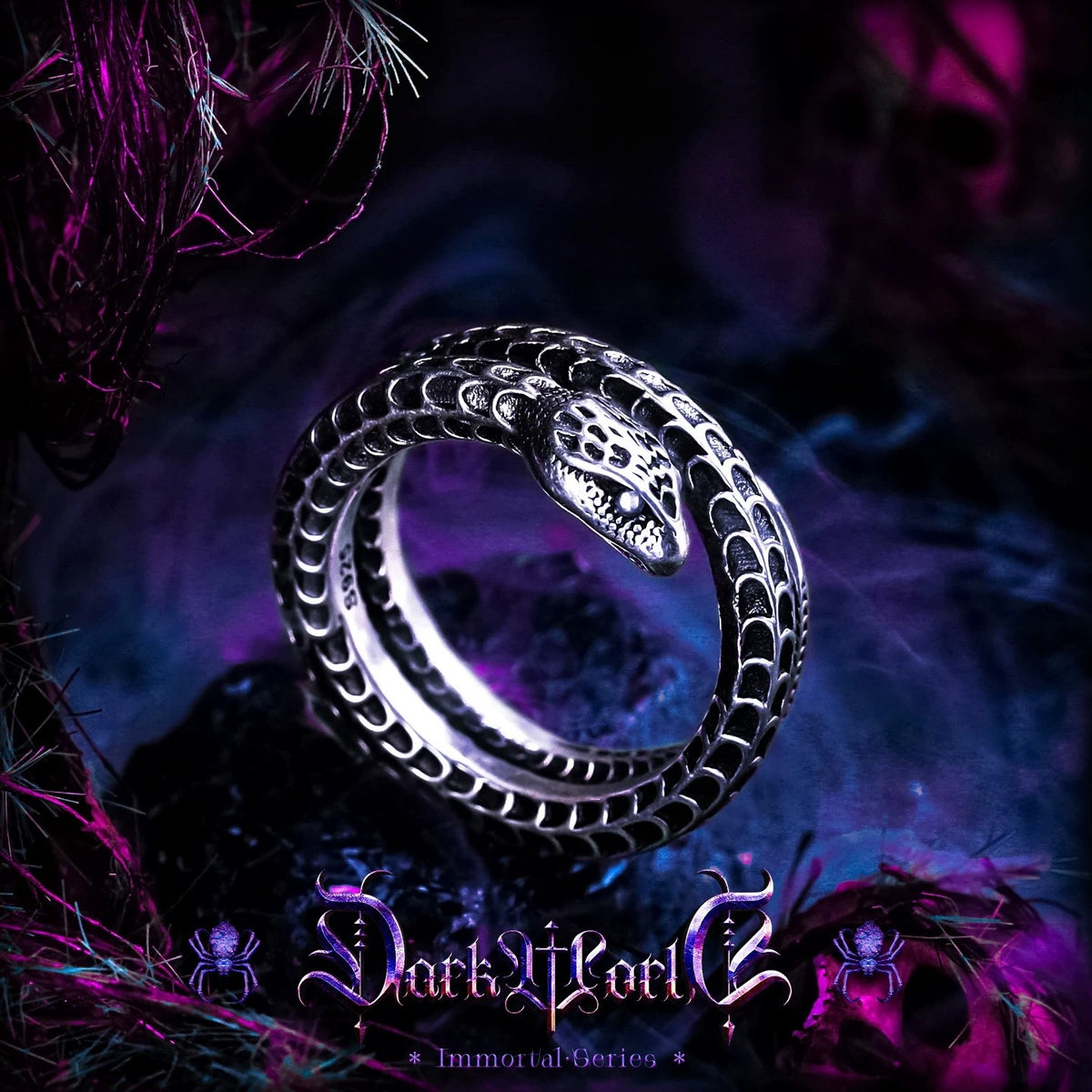 【Lost]】Dark-style 925 Silver Snake Ring for Men, Unique Design, Finger Ring, Open Band