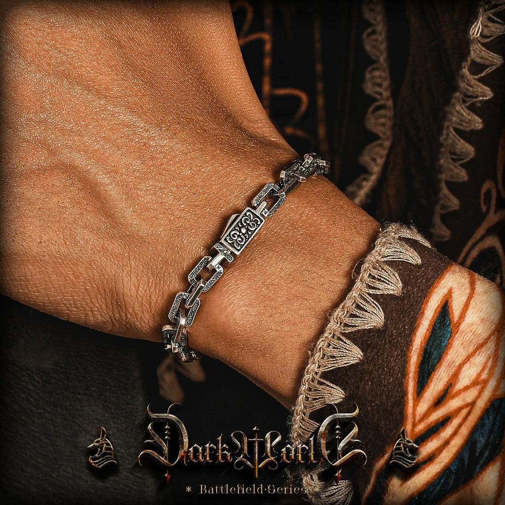 【Dark Pattern】Retro European & American Vine Military Design S925 Silver Men's Bracelet, Cuban Chain, Birthday Gift