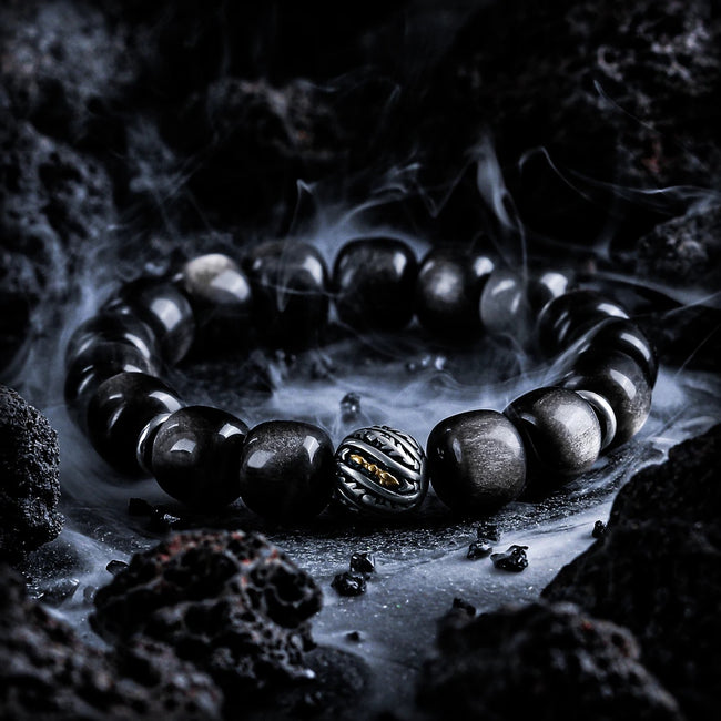 【Xuanmai】 Natural Silver Obsidian Vintage Barrel Bead Bracelet for Men, High-End Retro Style, Birthday Gift Hover Image