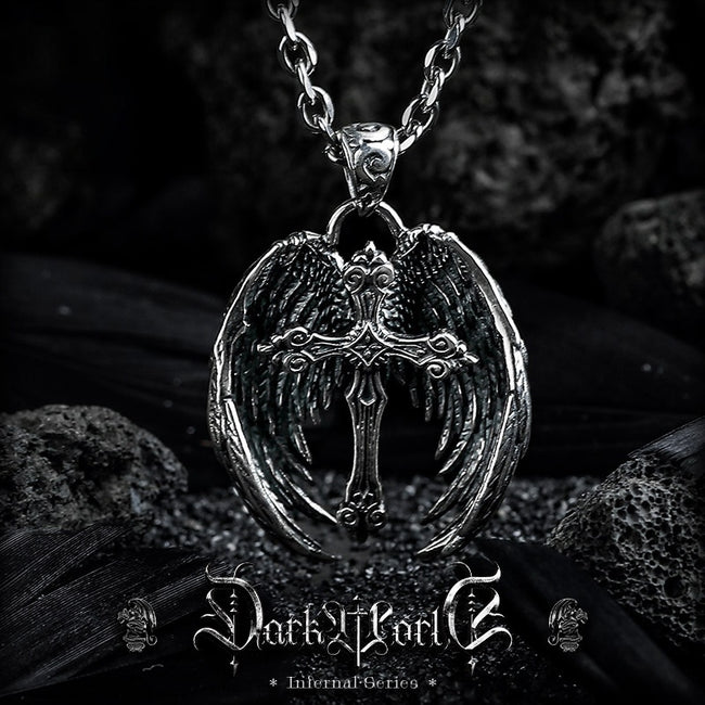 【Demon Wings】 Retro Cross Pendant Men's Niche 925 Silver Necklace, Birthday Gift for Boyfriend Hover Image