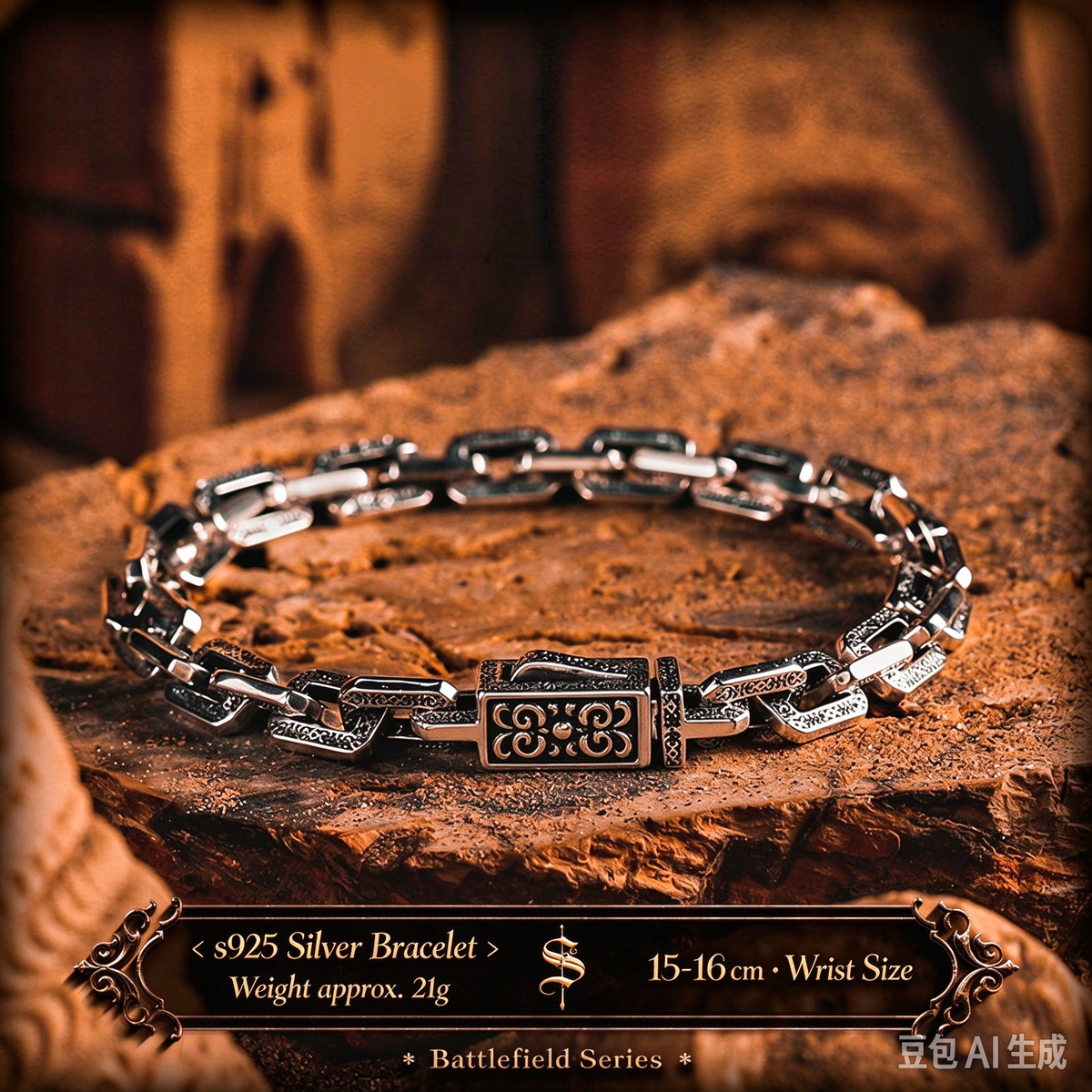【Dark Pattern】Retro European & American Vine Military Design S925 Silver Men's Bracelet, Cuban Chain, Birthday Gift