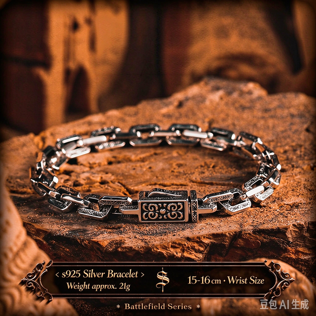 【Dark Pattern】Retro European & American Vine Military Design S925 Silver Men's Bracelet, Cuban Chain, Birthday Gift Hover Image
