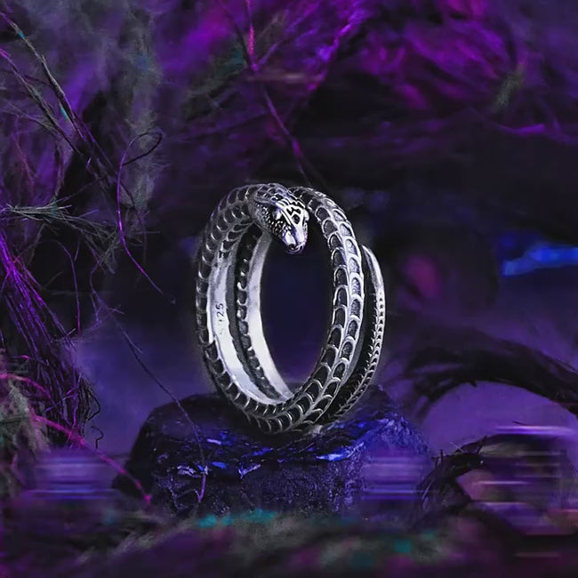 【Lost]】Dark-style 925 Silver Snake Ring for Men, Unique Design, Finger Ring, Open Band Hover Image